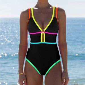 Popvil Neon Trim Black One-Piece Swimsuit